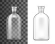 Bottle with glass stopper 3d mockups of laboratory glassware and chemistry science lab equipment vector design. Clear glass reagent jar, medical or pharmaceutical container realistic templates