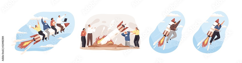 Various cartoon people moving top on rocket and crash set vector graphic illustration. Collection of successful team moving high isolated on white. Business motivation, fail and startup development - obrazy, fototapety, plakaty 