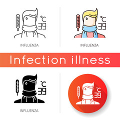 Wall Mural - Influenza icon. Linear black and RGB color styles. Contagious flu virus, respiratory viral infection. Medical diagnosis. Ill person with cold symptoms, fever, headache isolated vector illustrations