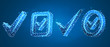 © dTosh - Set of Checkmark symbols. Success, business agreement, ok sign, approval concept. Low poly, wireframe 3d vector illustration. Abstract, polygonal image on blue neon background