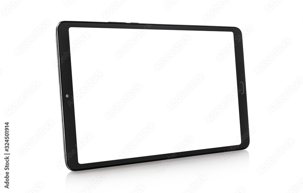 Black tablet computer with blank screen, isolated on white background - obrazy, fototapety, plakaty 