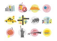 Set Of Decorative Symbols Of New York. Templates And Icons For The Travel Site In America, Travel Guides, Postcards, Maps. Sights And Main Elements Of A Big City. Cute Cartoon Vector Illustration.