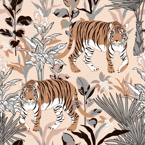 Obraz tygrys   wzor-z-tygrysem-w-tropikach-dzikie-zwierze-skrada-sie-w-dzungli