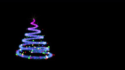 Wall Mural - Abstract Christmas tree. A bright star on top of a beautiful purple spiral Christmas tree decorated with multi-colored garlands and toys on the background of spectacular fireworks