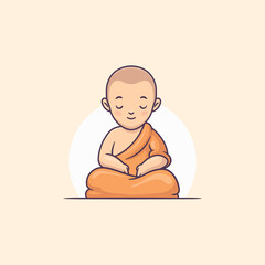 young buddhist monk meditating vector cartoon illustration