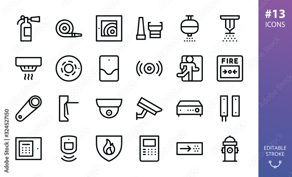 Security and Fire Alarm icons set. Set of smoke detector, fire sensor, sprinkler, powder extinguishing module, fire alarm control panel, firehose, fire extinguisher, cctv camera,  vector outline icon - obrazy, fototapety, plakaty 