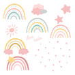 Childish clip art with cute rainbows, clouds, stars, rain of hearts and sun. Creative kids doodle elements. Vector illustration.