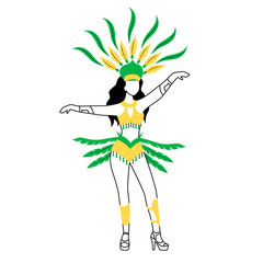 Poster - Female in carnival clothing flat silhouette vector illustration. Lady in body adornment. Brazil carnival 2D isolated character on white background. Masquerade. Girl in ethnic wear simple style drawing