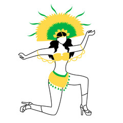 Poster - Girl performing samba flat silhouette vector illustration. Traditional fest. Carnaval wear. Dancing woman 2D isolated outline character on white background. Latino lady on heels simple style drawing