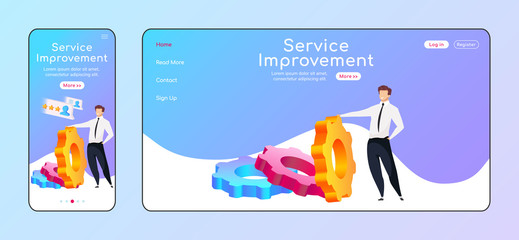Poster - Service improvement adaptive landing page flat color vector template. High rating mobile and PC homepage layout. Man reclining to gear one page website UI. CRM software webpage cross platform design