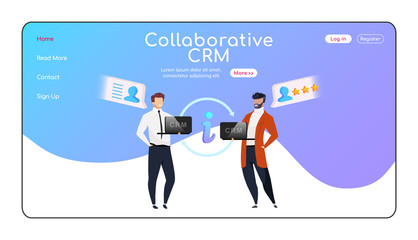Poster - Collaborative CRM landing page flat color vector template. Businessmen with laptops homepage layout. Customer info exchange one page website interface, cartoon character. Partnership banner, webpage