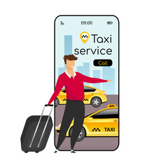 Poster - Taxi service cartoon smartphone vector app screen. Mobile phone display with flat character design mockup. Urban travel service. Cab ordering, express car delivery application telephone interface