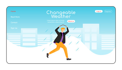 Poster - Changeable weather landing page flat color vector template. Man in jacket homepage layout. Rainy weather one page website interface with cartoon character. Running caucasian guy web banner, webpage