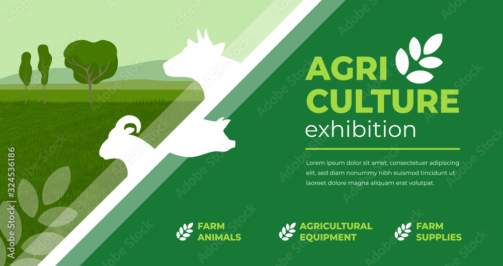 Design concept for agriculture exhibition, fair. Identity for farm animals show, livestock, agro conference. Vector illustration with sign of cow, pig, ram. Template for flyer, poster, banner, ticket - obrazy, fototapety, plakaty 