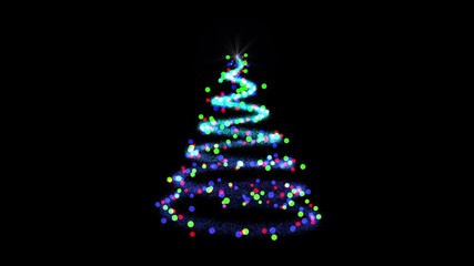 Wall Mural - Abstract spiral Christmas tree with star on top decorated with colorful baubles on black background with alpha channel, luma matte. Spiral Christmas tree made by a colorful trail of glitter.