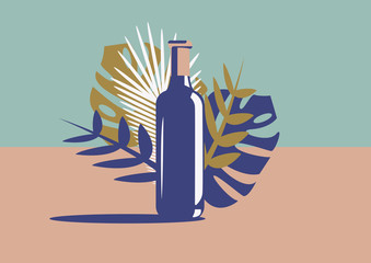 Elegant wine bottle and gold and blue leaves in minimal art deco style