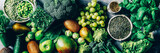 Fototapeta Sypialnia - Variety of Green Vegetables and Fruits on the grey background, banner size