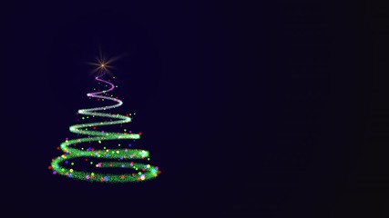 Wall Mural - Abstract spiral Christmas tree with star and spectacular firework. Green Christmas tree decorated with colorful baubles. Place for your text with congratulations on blue background.