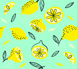 Wall Mural - Fresh citrus fruit tropical seamless pattern illustration