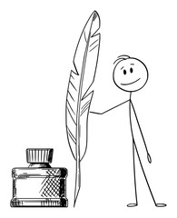 Sticker - Vector cartoon stick figure drawing conceptual illustration of man, writer or poet with quill pen and ink bottle.