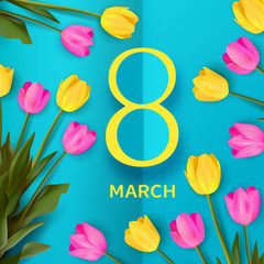 Wall Mural - March 8 International Women's Day banner. Greeting card in form of blue leaflet with pink and yellow tulips and yellow paper cut number 8. Spring, love, women, femininity concept. Vector illustration