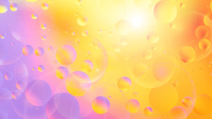 bright oily drops in water with colorful background, close-up