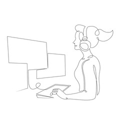 programmer girl at work with a laptop. Information technology concept.