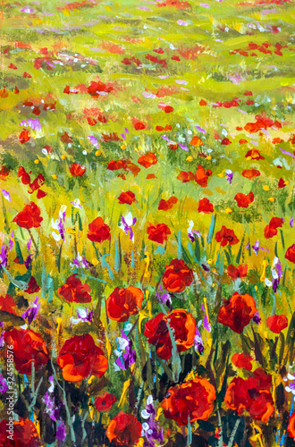 Naklejki Claude Monet  czerwone-i-fioletowe-kwiaty-w-zoltej-trawie-pole-kwiatow-kwiaty-polne-monet-malarstwo-claude