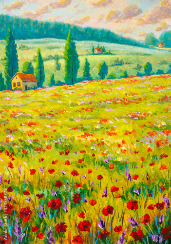Fototapety Claude Monet  czerwone-i-fioletowe-kwiaty-w-zoltej-trawie-pole-kwiatow-kwiaty-polne-monet-malarstwo-claude