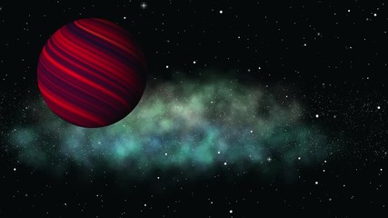 Wall Mural - Planet with a red swirly atmosphere and a green and blue nebula in the background has a comet, asteroid or space ship fly by it - slight zoom