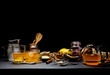 Tea or herbal tea Ready-to-drink, placed on a black wooden table Black background