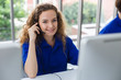 © eakgrungenerd - woman operators with microphone and computer at work, Call center, support telemarketing.
