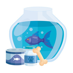 Wall Mural - round glass fish bowl with food for fish in can and icons vector illustration design