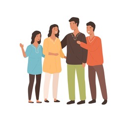 Wall Mural - Happy indian family in national colored clothing vector flat illustration. Smiling parents and children in traditional clothes isolated on white. Cartoon people hugging together