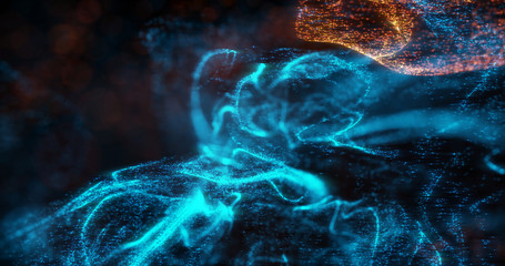 Poster - abstract macro shot of blue and orange particle fluid isolated on black. paint drops mixing in water