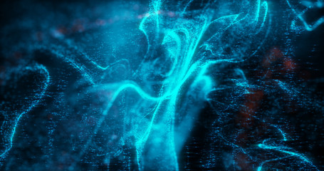 Poster - abstract macro shot of blue and orange particle fluid isolated on black. paint drops mixing in water
