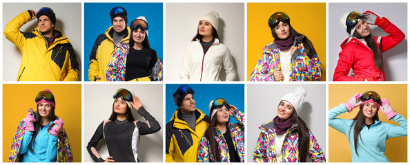 Wall Mural - Collage of people wearing winter sports clothes on color backgrounds