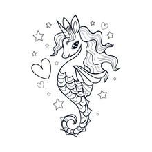 Seahorse, Unicorn Vector Black And White Illustration. Doodle Style. Vector