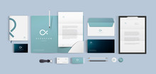 Premium Corporate Identity Mockup Set. Business Stationery Realistic Design Template. Blue Color Branding With Folder, Blank, Brochure And Visiting Card. Minimal Style Vector Logo.