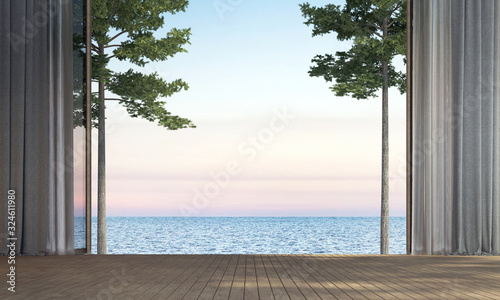 Fotomural Modern empty living room interior design and sea view background