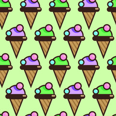 seamless ice cream pattern on green background. Vector illustration in flat styl