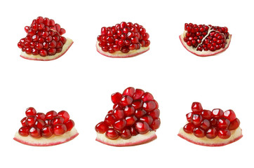 Wall Mural - Pomegranate fruit slice set isolated on white background, red pomegranate pulp with grains, close up