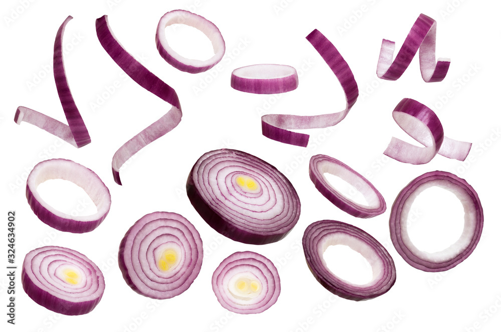 Sliced red onion isolated on white background. Set of red onion slices isolated on a white background.  Closeup - obrazy, fototapety, plakaty 