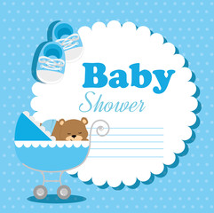 Wall Mural - baby shower card with teddy bear and icons vector illustration design