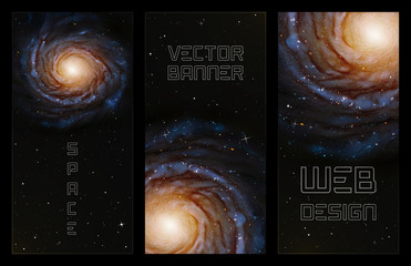 Sticker - set of vertical banners with spiral galaxy in outer space. dark background with realistic astronomic