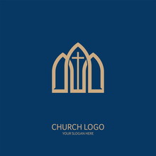 Church Logo. Christian Symbols. Cross Of The Savior Jesus Christ On The Background Of The Arches Of The Church.