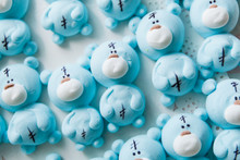  Small Edible Marshmallow Cubs Of Blue Color Shot On Macro