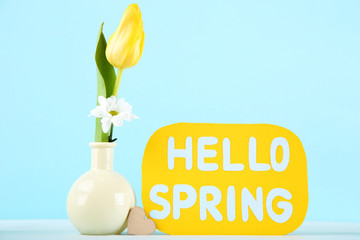 Wall Mural - Tulip and chrysanthemum flowers in vase with text Hello Spring on blue background