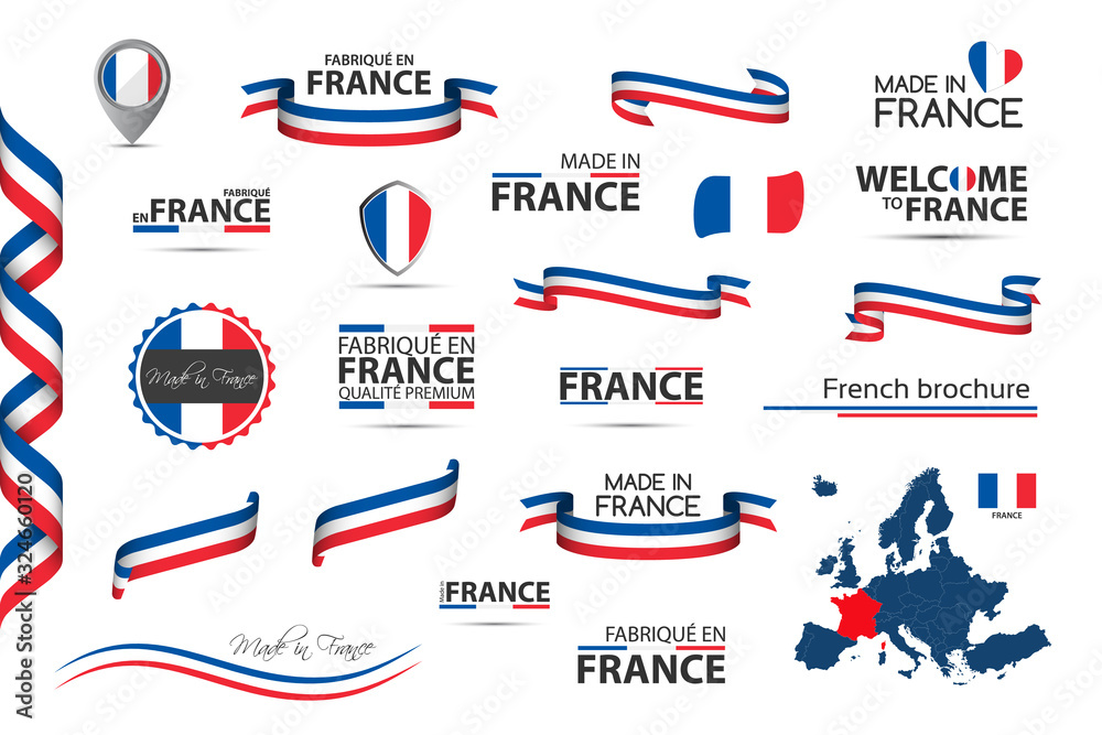 Big set of French ribbons, symbols, icons and flags isolated on a white background, Made in France, Welcome to France, premium quality, French tricolor, set for your infographics and templates - obrazy, fototapety, plakaty 