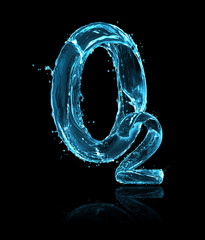 chemical formula of oxygen made of water splashes on a black background